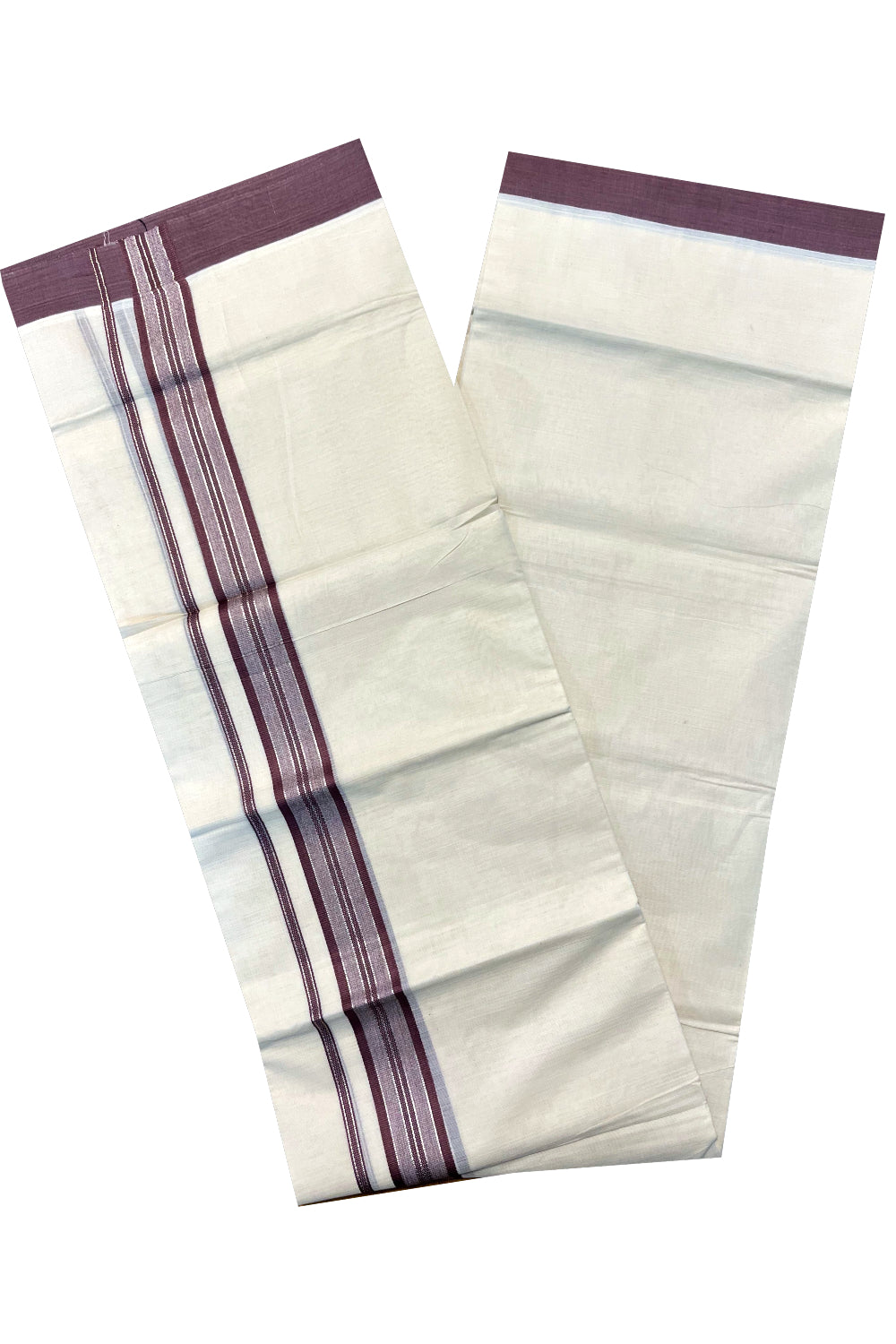 Pure Cotton Off White Double Mundu with Silver Kasavu and Violet Kara (South Indian Kerala Dhoti)