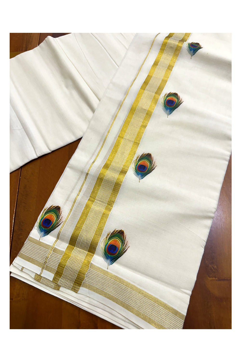 Southloom Lines Kasavu Double Mundu with Mural Print Along Kara