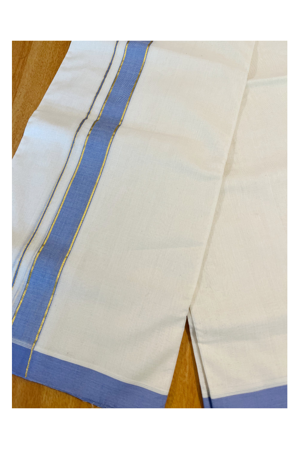 Southloom Premium Handloom Cotton Double Mundu with Blue And Kasavu Border