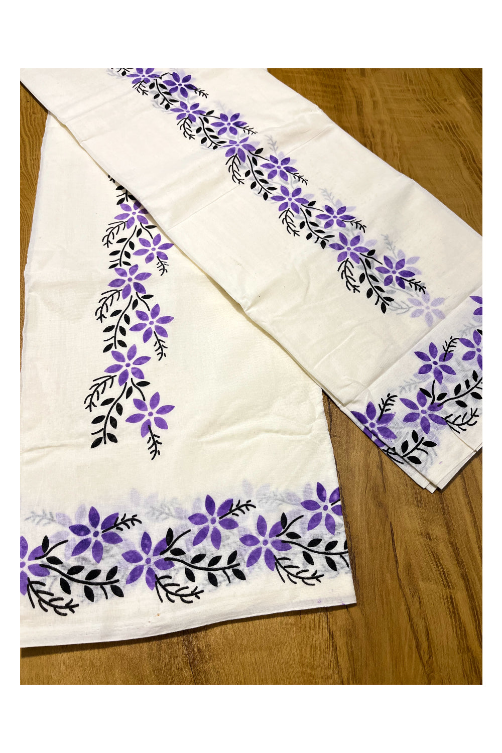 Pure Cotton Kerala Set Mundu (Mundum Neriyathum) with Lavender Floral Block Printed Border