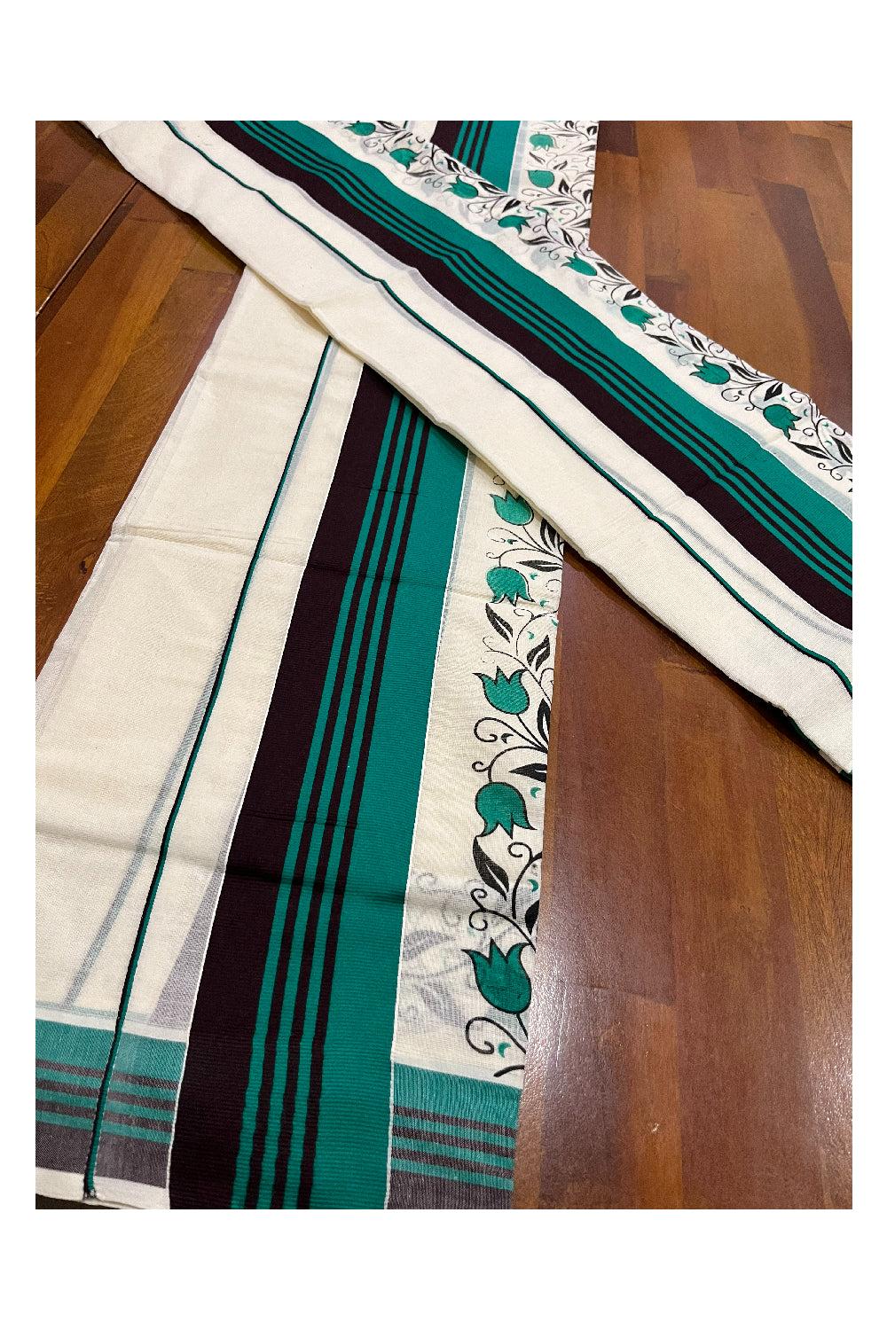 Southloom Pure Cotton Kerala Single Set Mundu with Floral Block Prints on Green Black Border