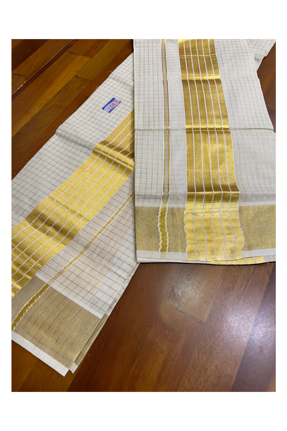 Pure Cotton Kerala Set Mundu with Kasavu Checkes on Body (Handloom Quality Kasavu Used - 2.80 Mtrs)