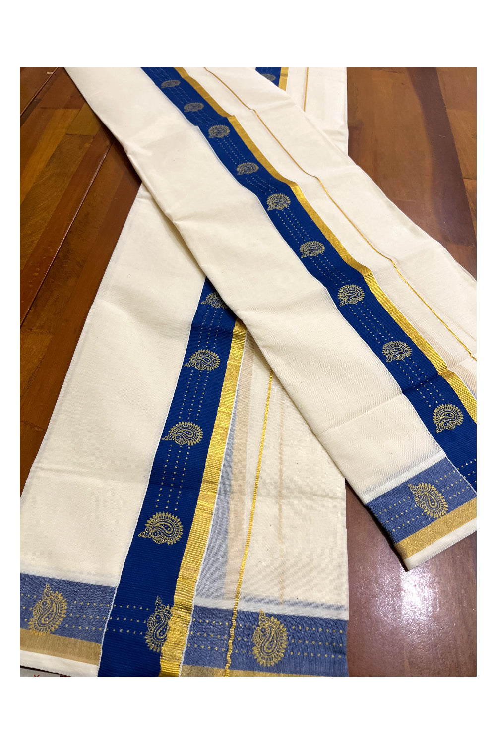 Kerala Pure Cotton Single Set Mundu (Mundum Neriyathum) with Block Prints on Blue and Kasav Border