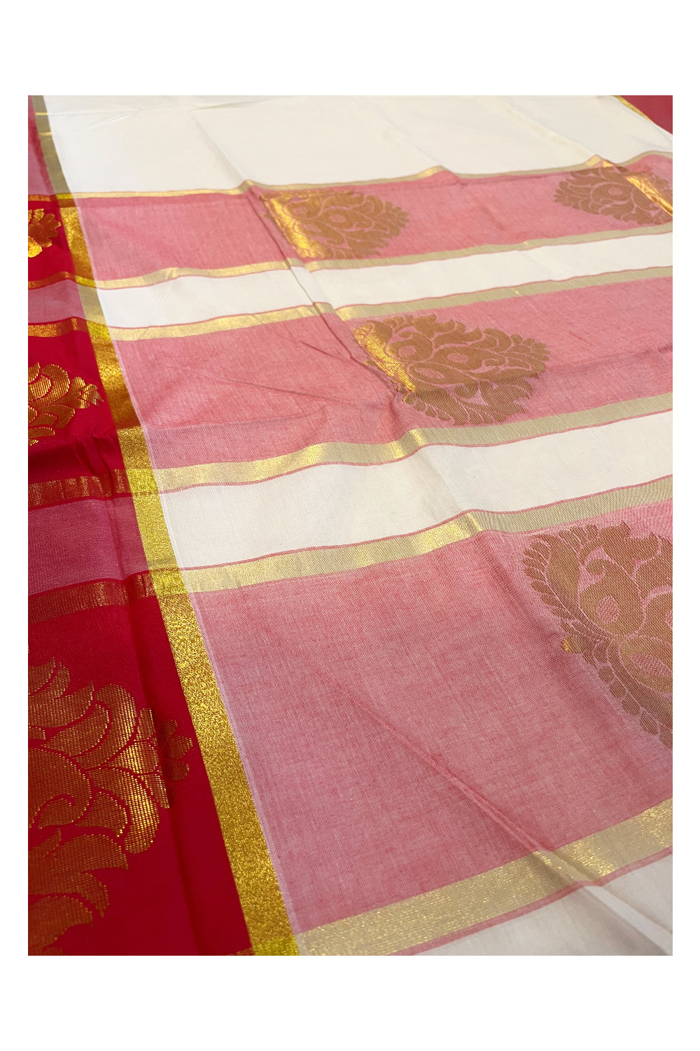 Kerala Kasavu Heavy Work Cotton Saree with Pink And Red Border