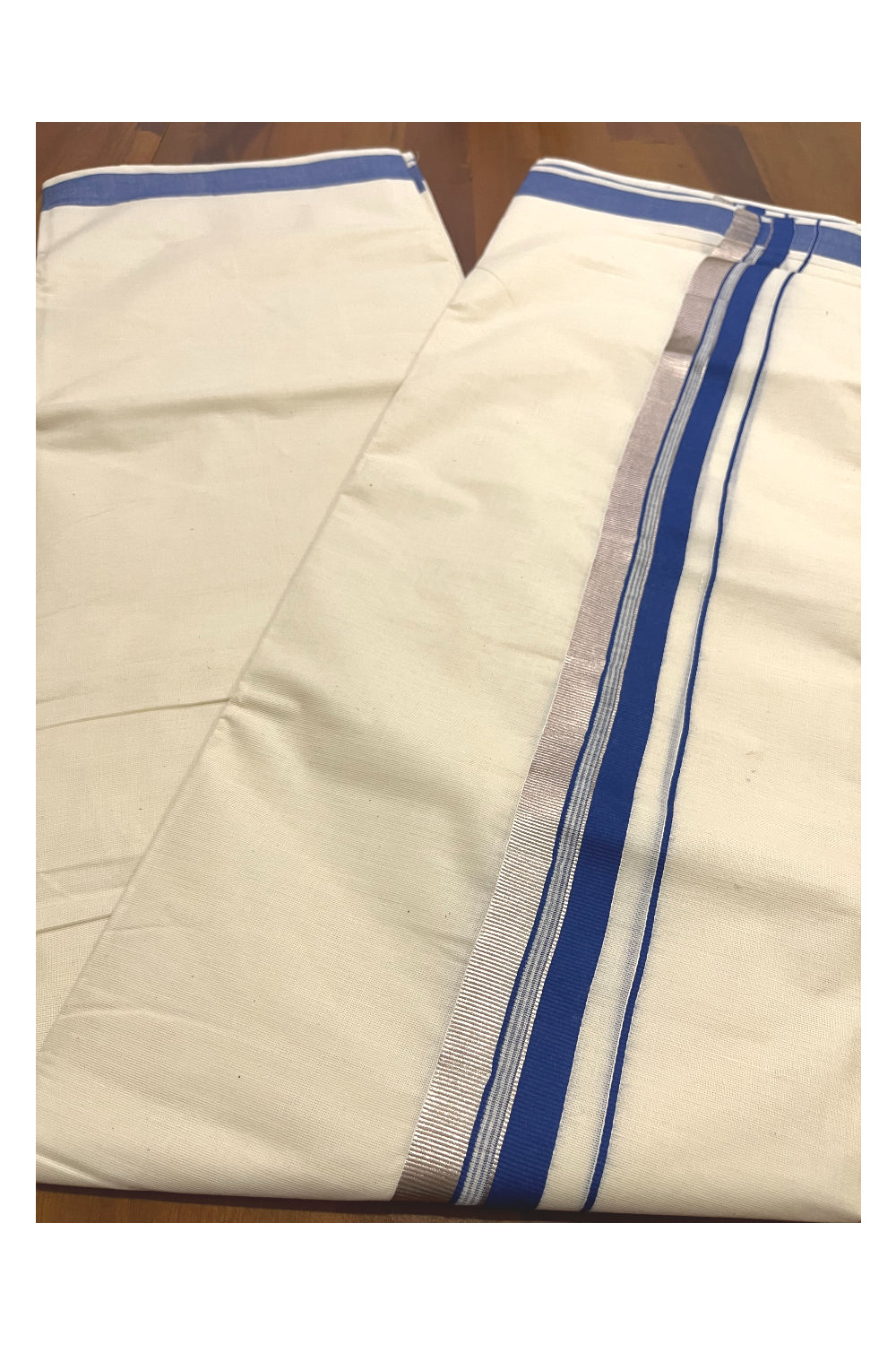 Pure Cotton Kerala Double Mundu with Blue and Silver Kasavu Kara (South Indian Kerala Dhoti)