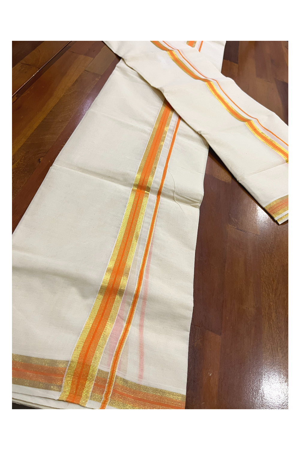 Pure Cotton Kerala Single Set Mundu (Mundum Neriyathum) with Orange and Kasavu Border 2.80 Mtrs