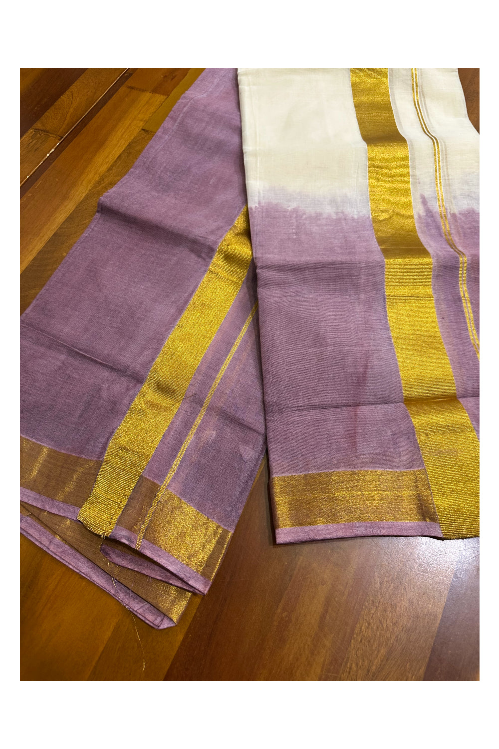 Southloom Tie & Dye - Half & Half  Multi Colour Violet Design Set Mundu (Mundum Neriyathum) in 2.80 m Neriyathu (Extra Length)