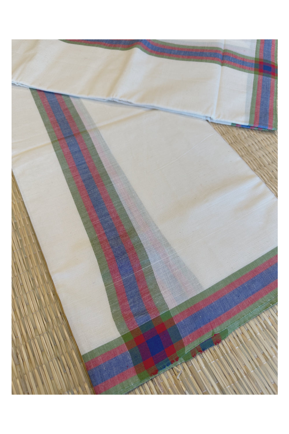 Kerala Cotton Mundum Neriyathum Single (Set Mundu) with Green and Maroon Mulloth Border (Extra Soft Cotton)