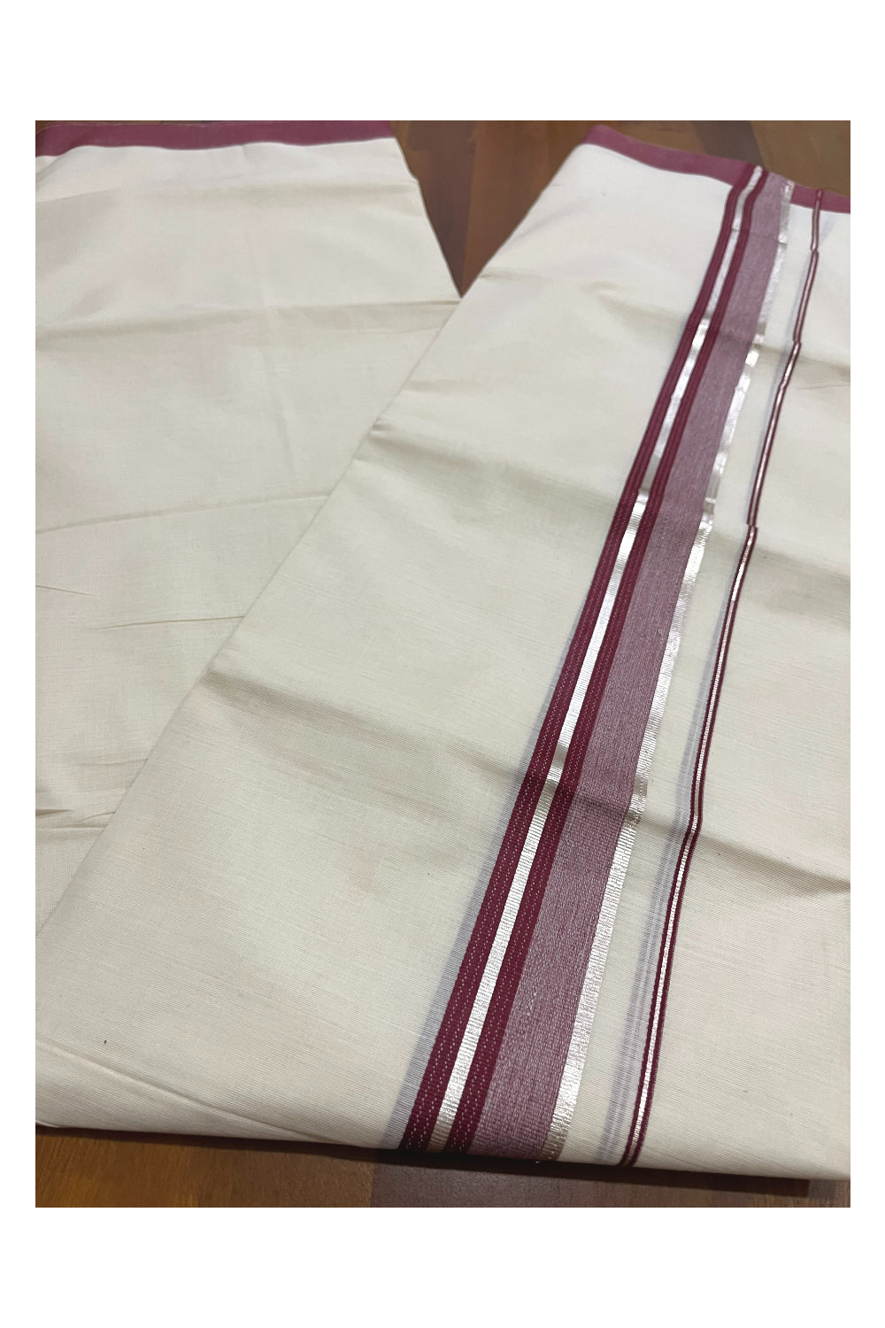 Pure Cotton 100x100 Double Mundu with Silver Kasavu and Maroon Border (Onam Mundu 2023)