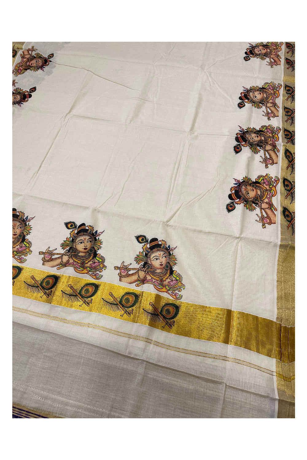 Pure Cotton Kerala Kasavu Saree with Krishna Mural Printed Design (Onam Saree 2023)