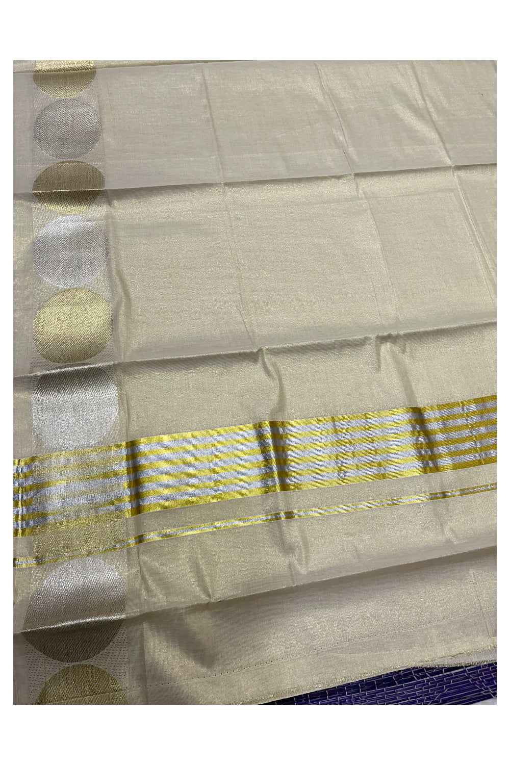 Kerala Tissue Kasavu Plain Saree with Golden and Silver Polka works across the Border and Lines Pallu