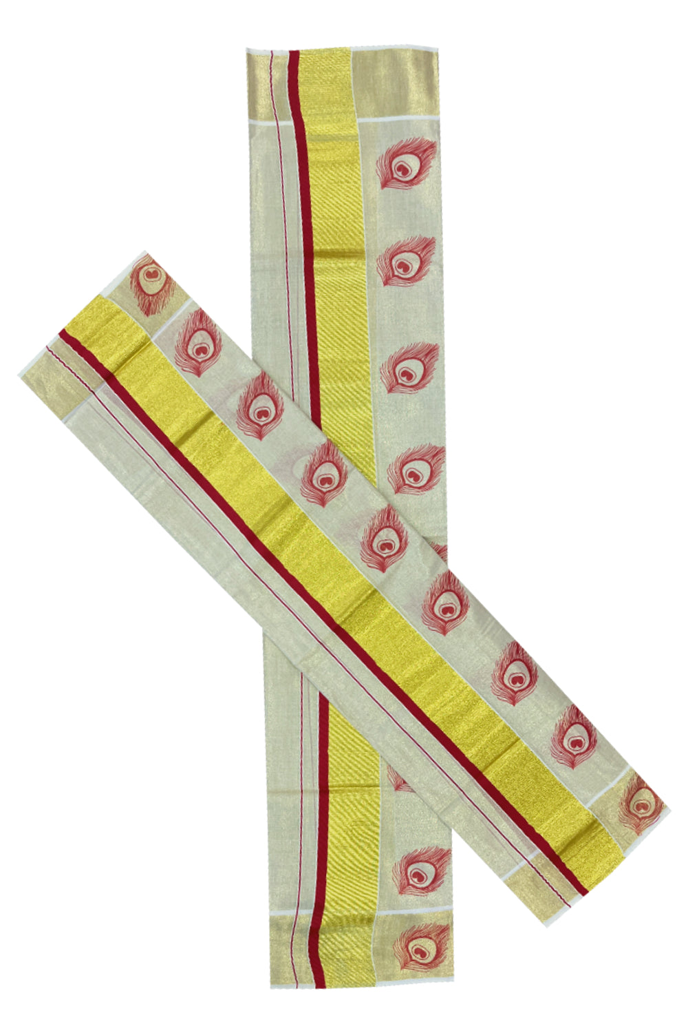 Kerala Tissue Kasavu Set Mundu (Mundum Neriyathum) with Red Feather Block Prints on Border 2.80 Mtrs