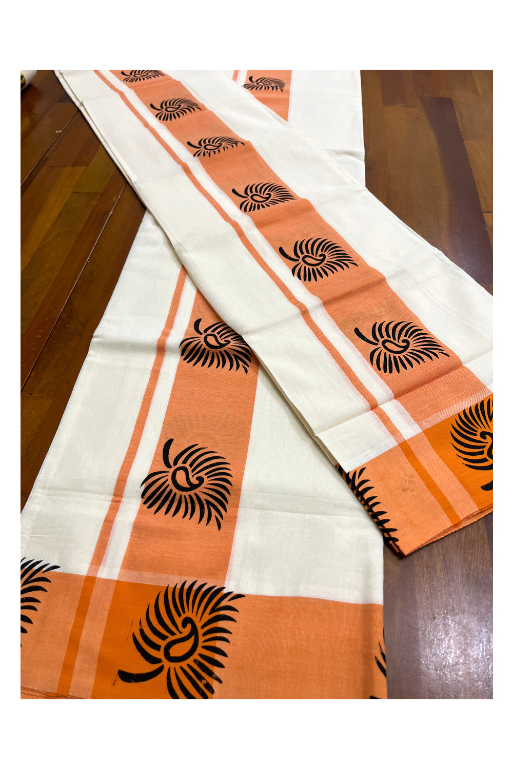 Kerala Pure Cotton Set Mundu (Mundum Neriyathum) with Block Printed Orange Border 2.80 Mtrs