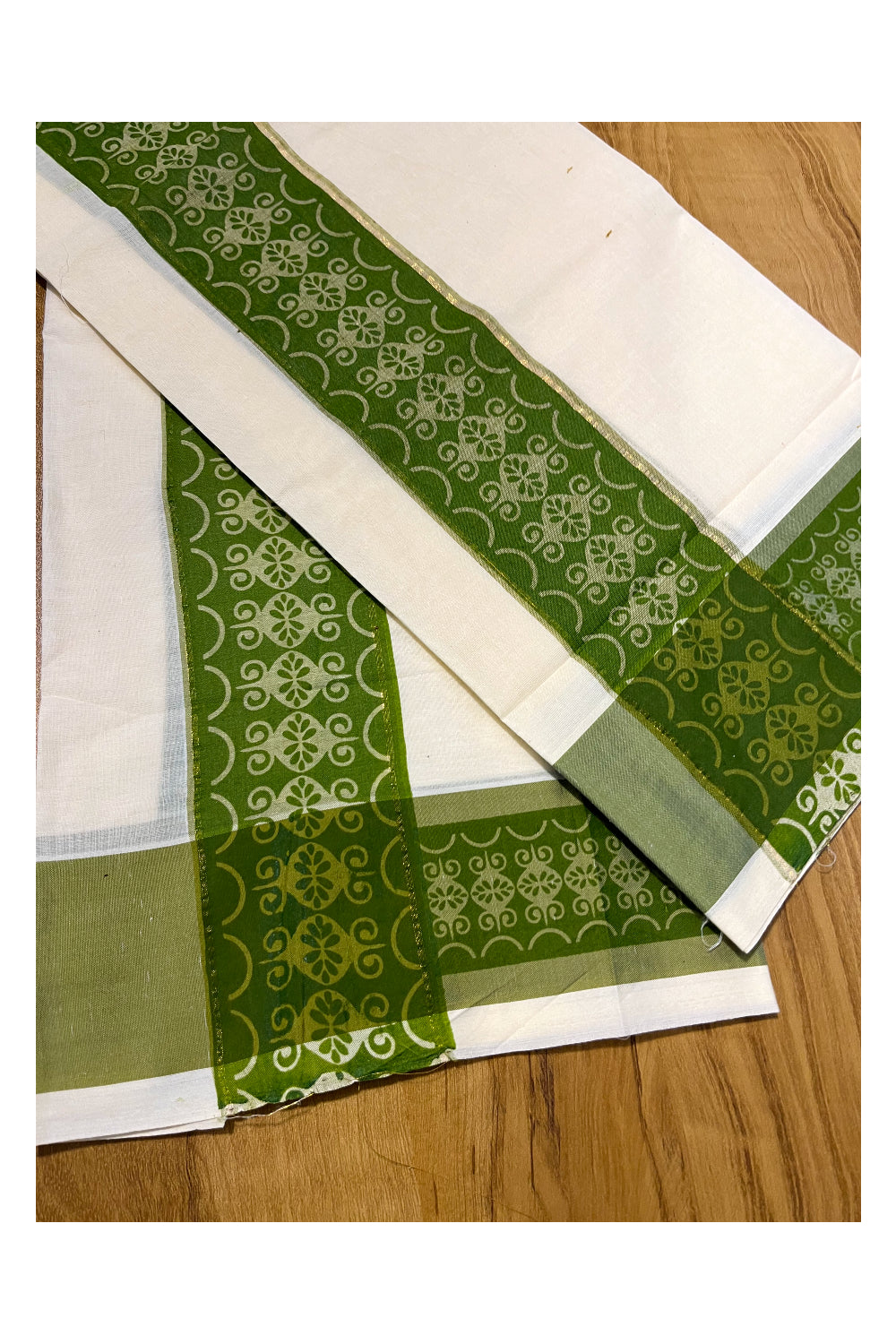 Kerala Cotton Single Set Mundu (Mundum Neriyathum) with Green Block print Border 2.80Mtrs