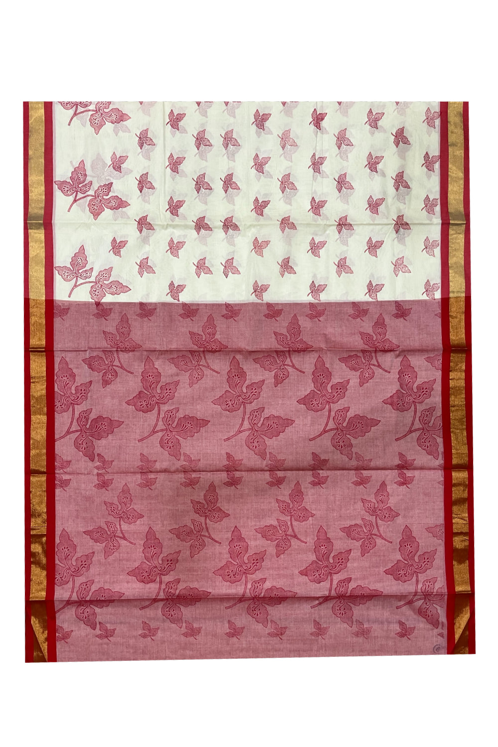 Pure Cotton Kerala Saree with Pink Block Print Leaf Designs and Kasavu Border (Vishu 2024 Collection)