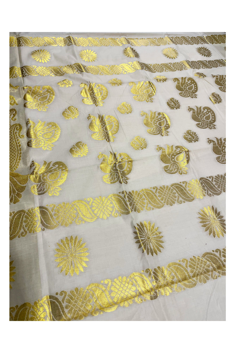 Kerala Cotton Kasavu Saree With Heavy Woven Works On Body