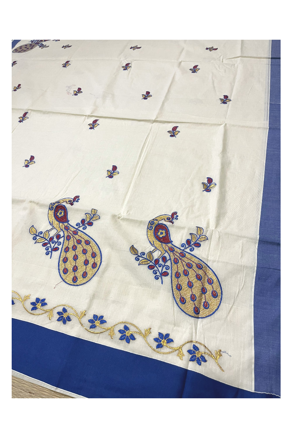 Pure Cotton Kerala Saree with Peacock Embroidery Work and Blue Border (Onam Saree 2023)