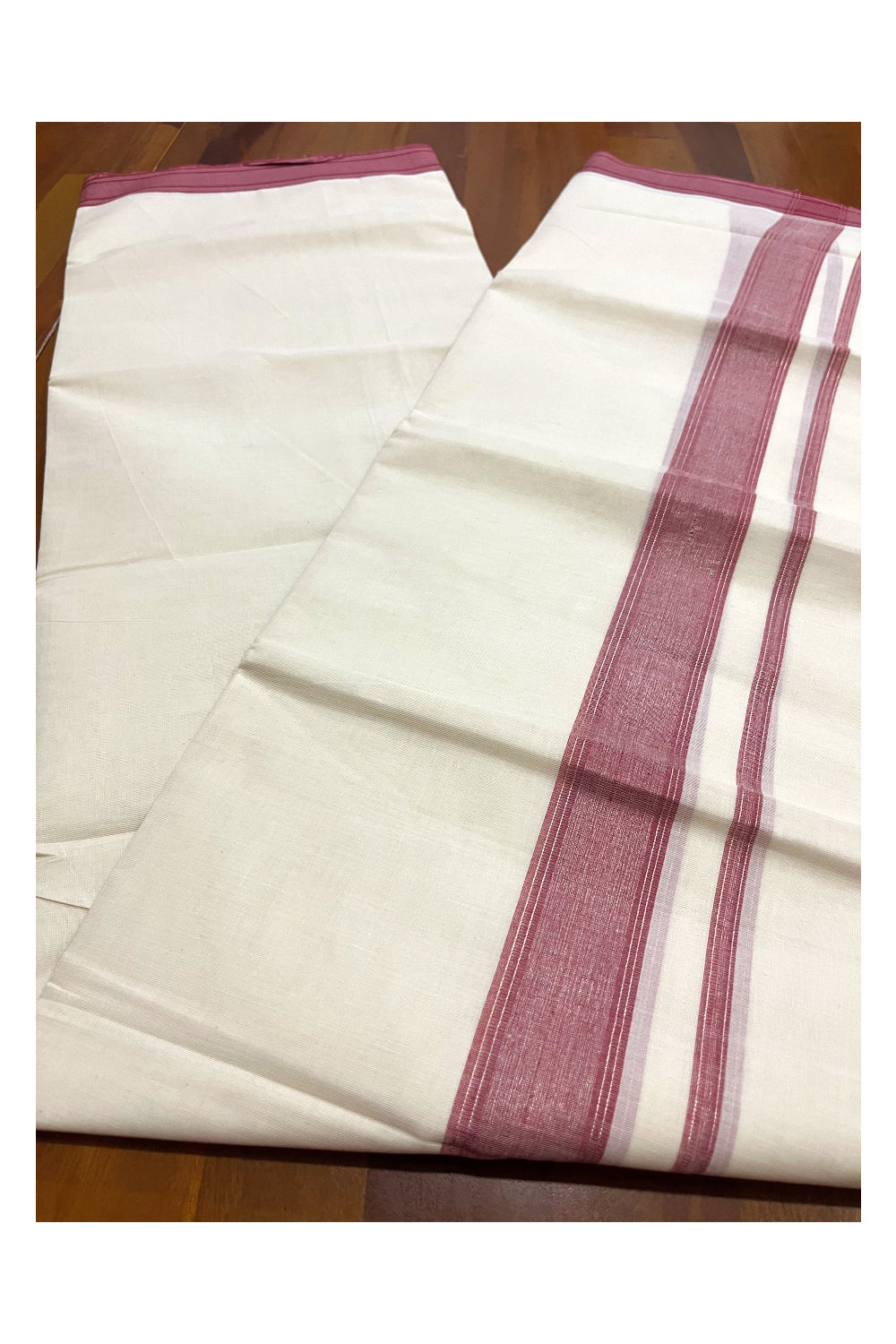 Pure Cotton 100x100 Double Mundu with Red and Silver Kasavu Line Border (Onam Mundu 2023)