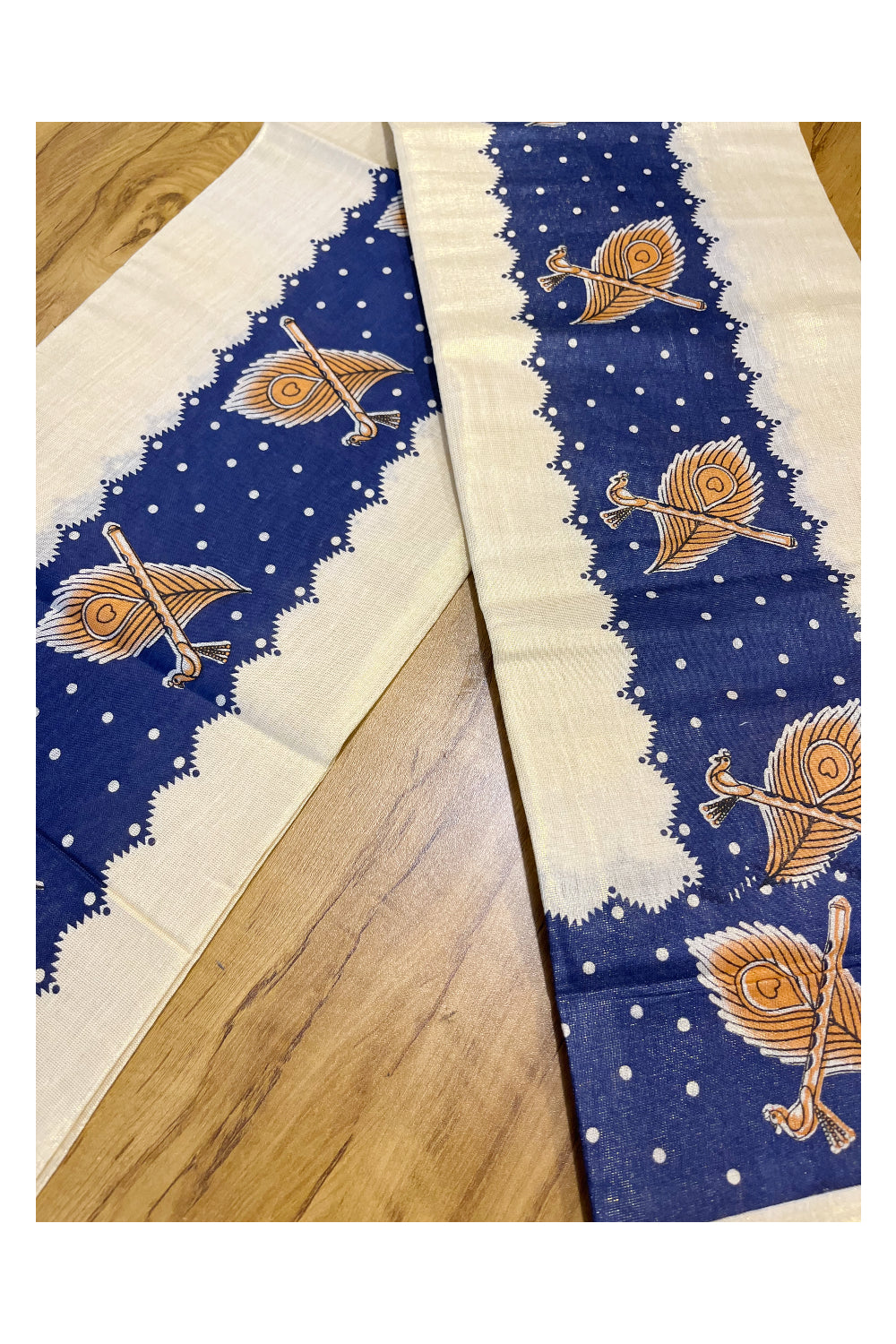 Kerala Tissue Single Set Mundu (Mundum Neriyathum) with Mural Prints on Blue Border And Matching Blouse Piece (2.80 Mtrs)