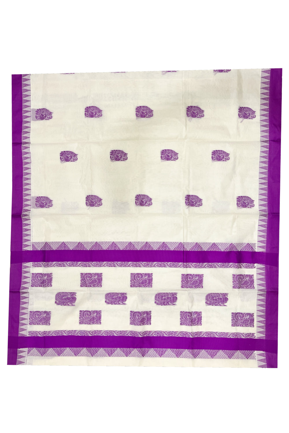 Pure Cotton Kerala Saree with Violet Heavy Woven Designs and Temple Border (Vishu 2024 Collection)