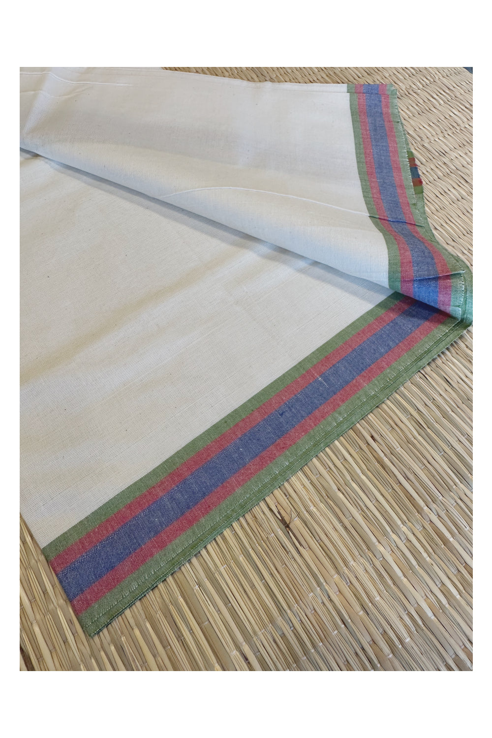 Kerala Cotton Mundum Neriyathum Single (Set Mundu) with Green and Maroon Mulloth Border (Extra Soft Cotton)