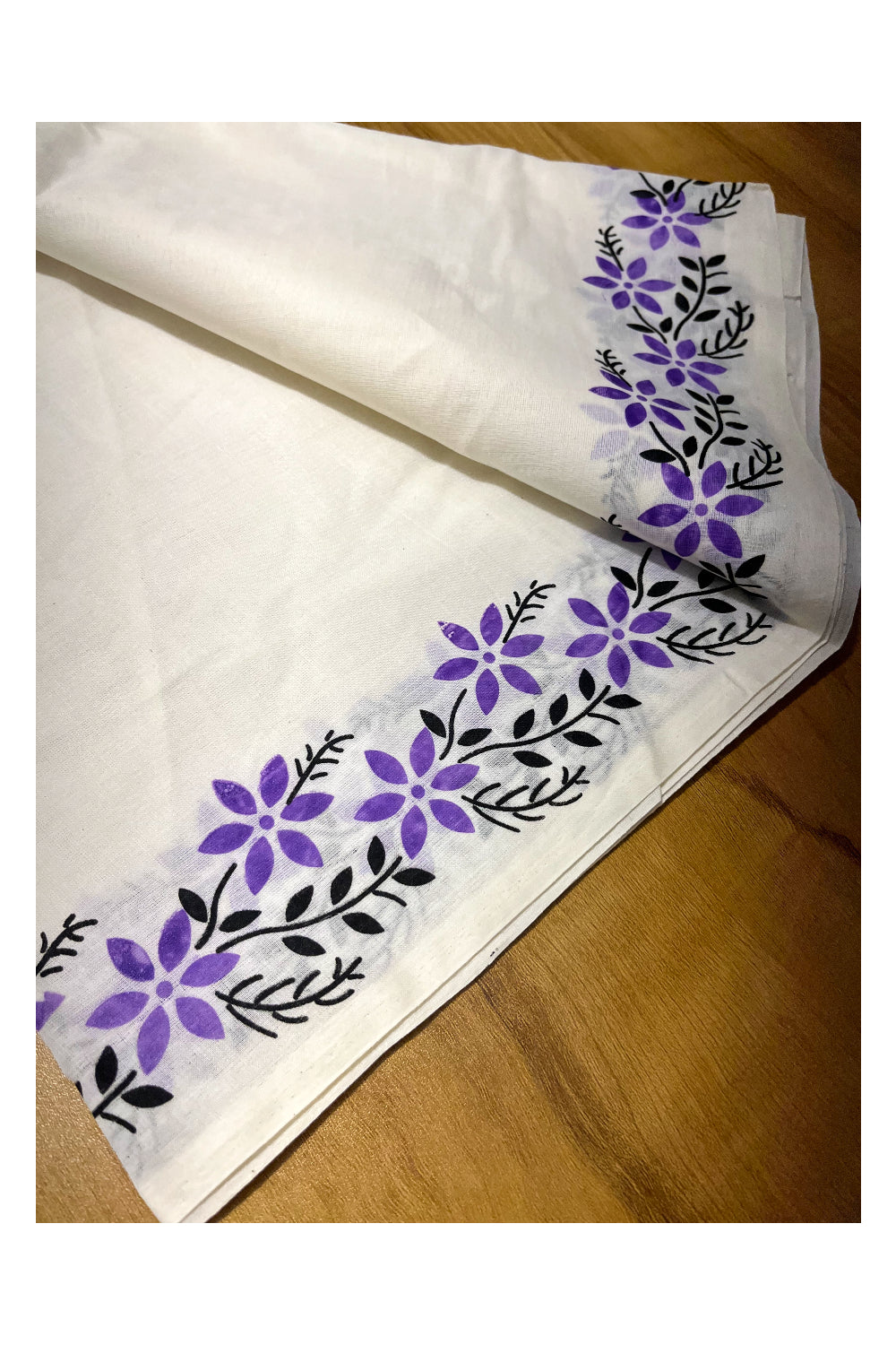 Pure Cotton Kerala Set Mundu (Mundum Neriyathum) with Lavender Floral Block Printed Border