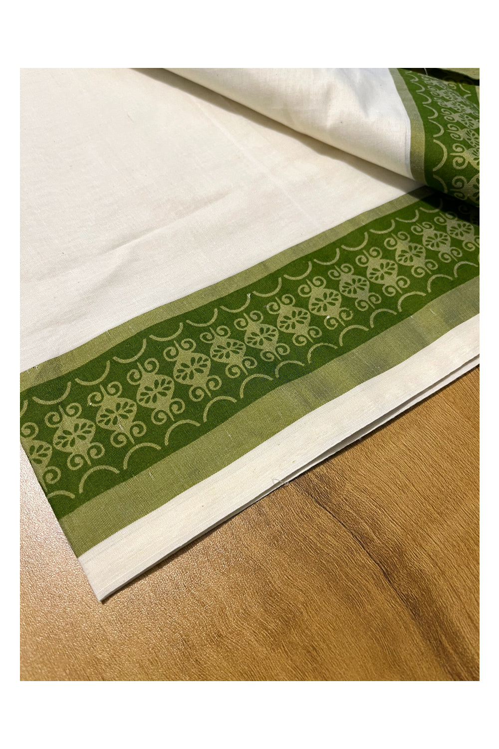 Kerala Cotton Single Set Mundu (Mundum Neriyathum) with Green Block print Border 2.80Mtrs