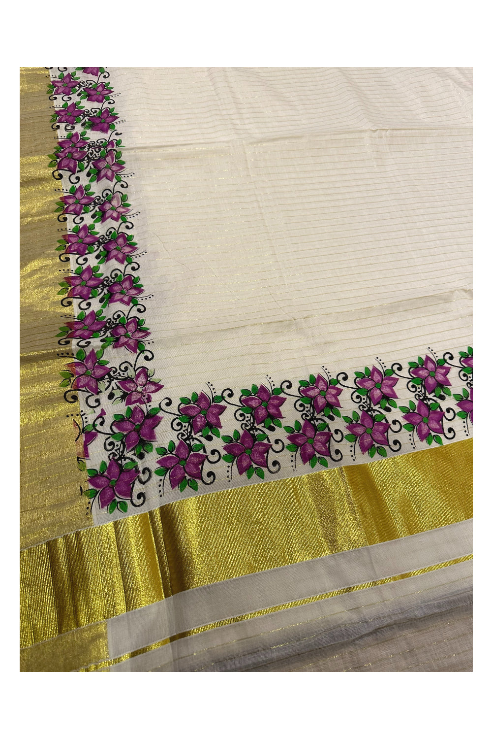 Kerala Pure Cotton Magenta Floral Printed and Kasavu Lines Saree (Onam Saree 2023)