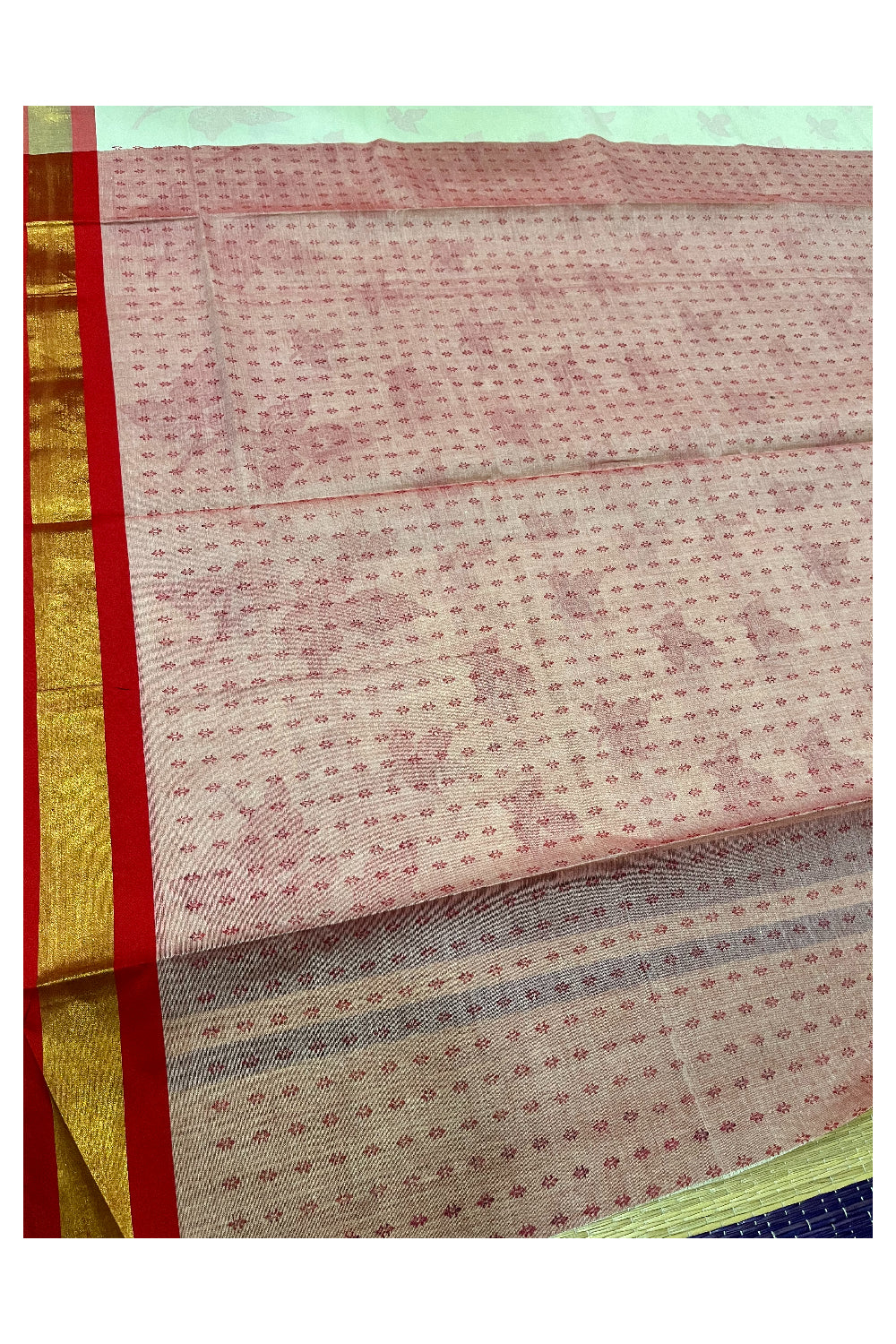 Pure Cotton Kerala Saree with Pink Block Print Leaf Designs and Kasavu Border (Vishu 2024 Collection)