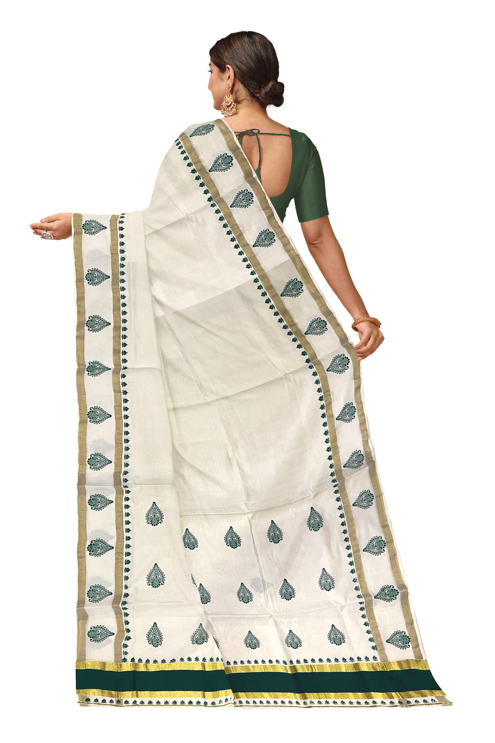 Pure Cotton Kerala Saree with Green Block Printed Kasavu Border (Onam Saree 2023)