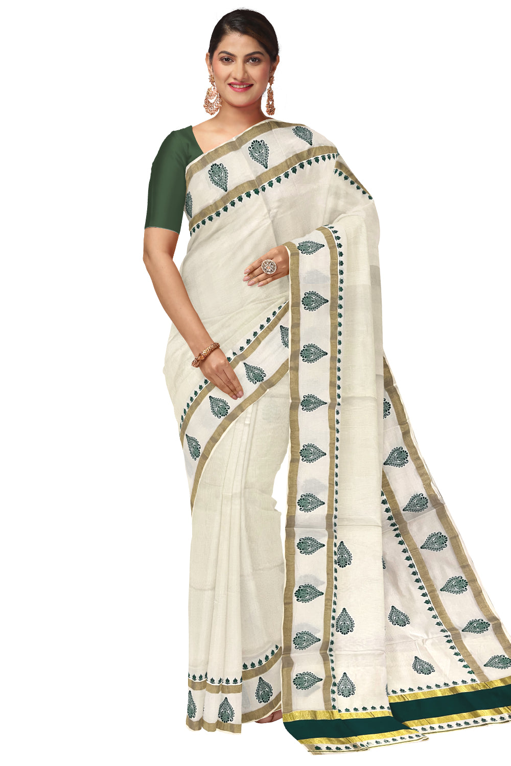 Pure Cotton Kerala Saree with Green Block Printed Kasavu Border (Onam Saree 2023)