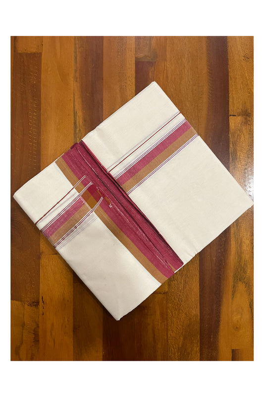 Southloom Premium Balaramapuram Unakkupaavu Handloom Mundu with Red Brown and Silver Kasavu Border (South Indian Kerala Dhoti)