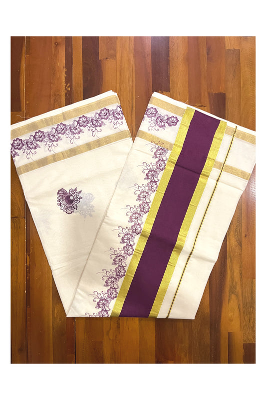 Pure Cotton Kerala Saree with Purple Floral Block Printed Kasavu Border (Onam Saree 2023)