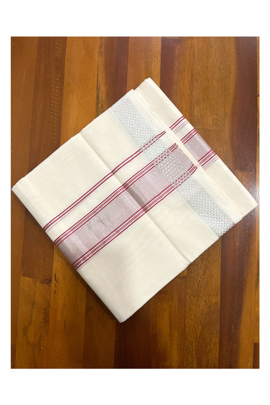 Southloom Premium Handloom Cotton Double Mundu with Red Silver Kasavu Design Border (South Indian Kerala Dhoti)