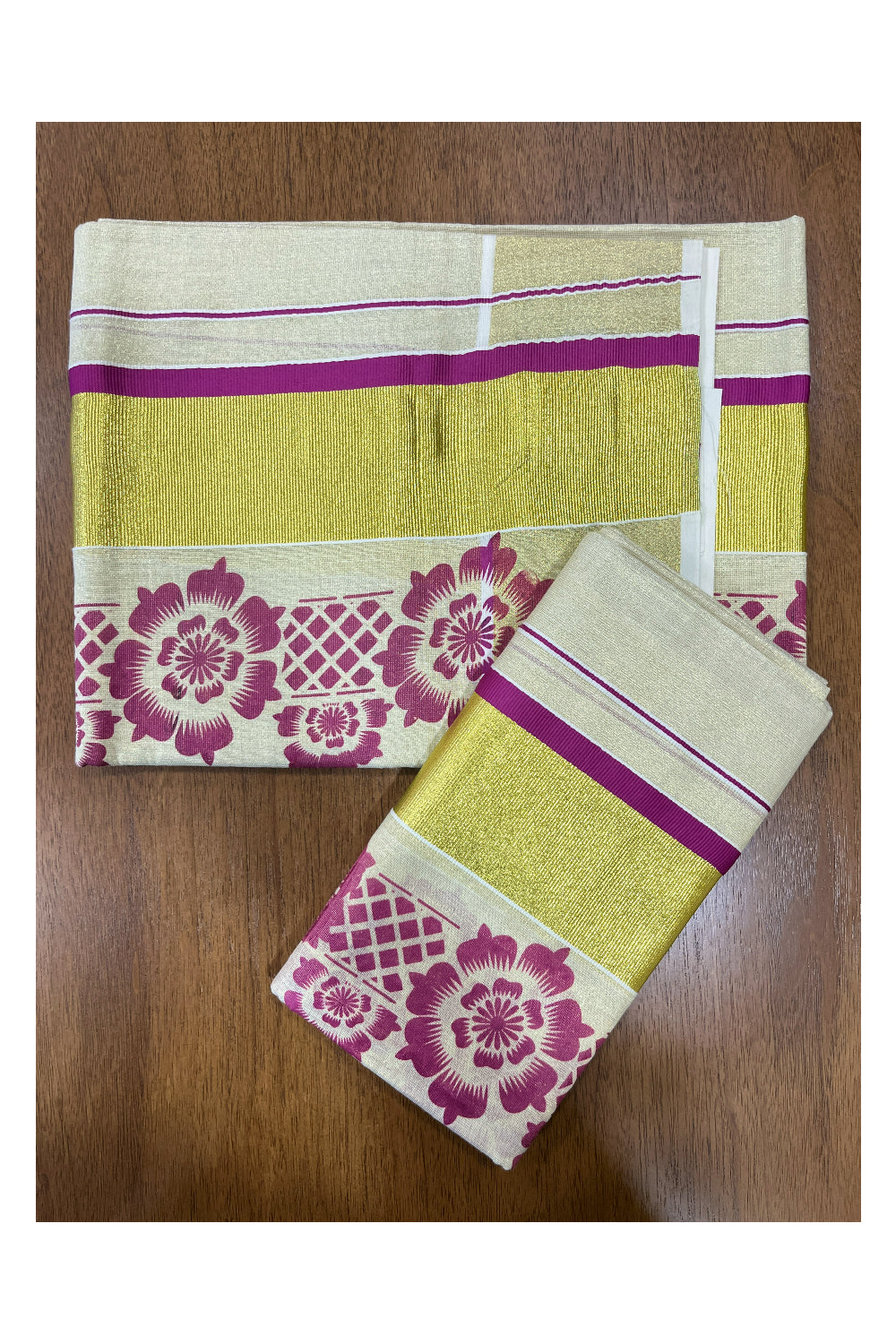 Kerala Tissue Kasavu Set Mundu (Mundum Neriyathum) with Magenta Floral Block Prints on Border 2.80 Mtrs