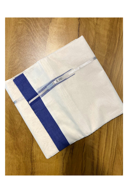 Pure Cotton Off White Double Mundu with Silver Kasavu and Navy Blue Chutti Border (South Indian Kerala Dhoti)