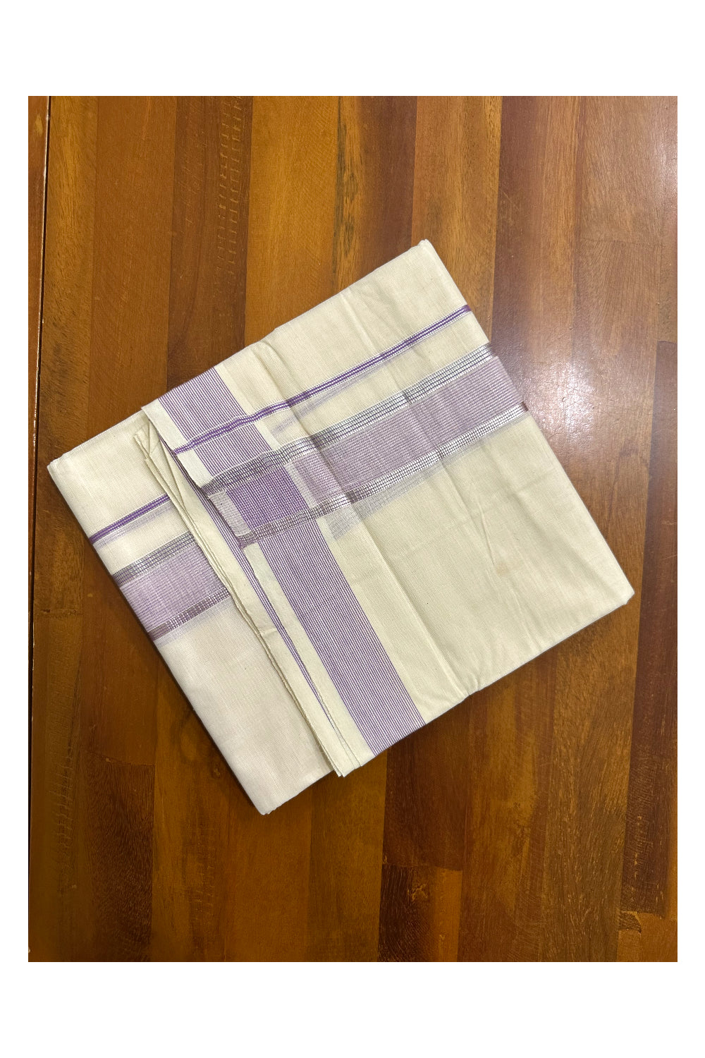 Pure Cotton Off White  Double Mundu with Silver Kasavu Lines And Lavender Kara (South Indian Kerala Dhoti)