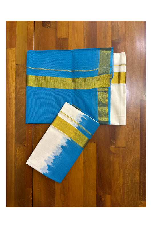 Southloom Tie & Dye - Half & Half Multi Colour Blue Design Set Mundu (Mundum Neriyathum) in 2.80 m Neriyathu (Extra Length)