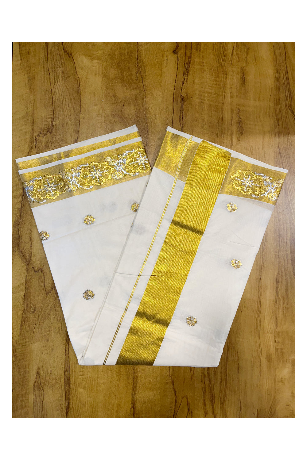 Kerala Cotton Kasavu Saree With Silver and Golden Woven Works