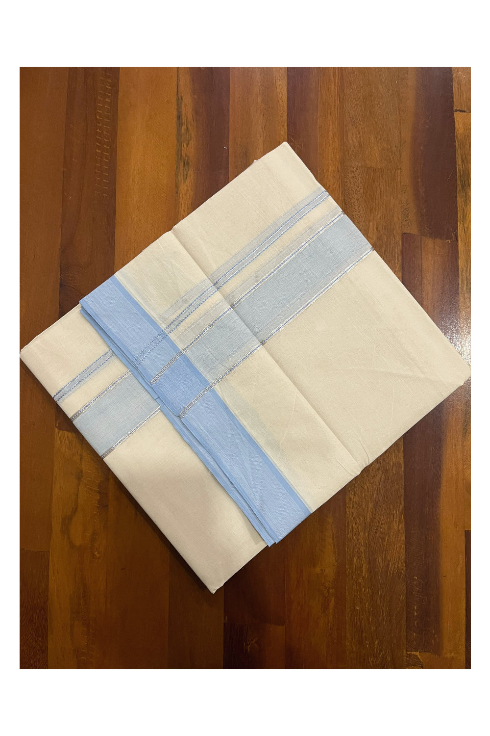 Pure Cotton 100x100 Double Mundu with Silver Kasavu and Light Blue Kara (Onam Mundu 2023)