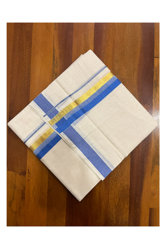 Pure Cotton Kerala Double Mundu with Blue and Kasavu Kara (South Indian Kerala Dhoti)