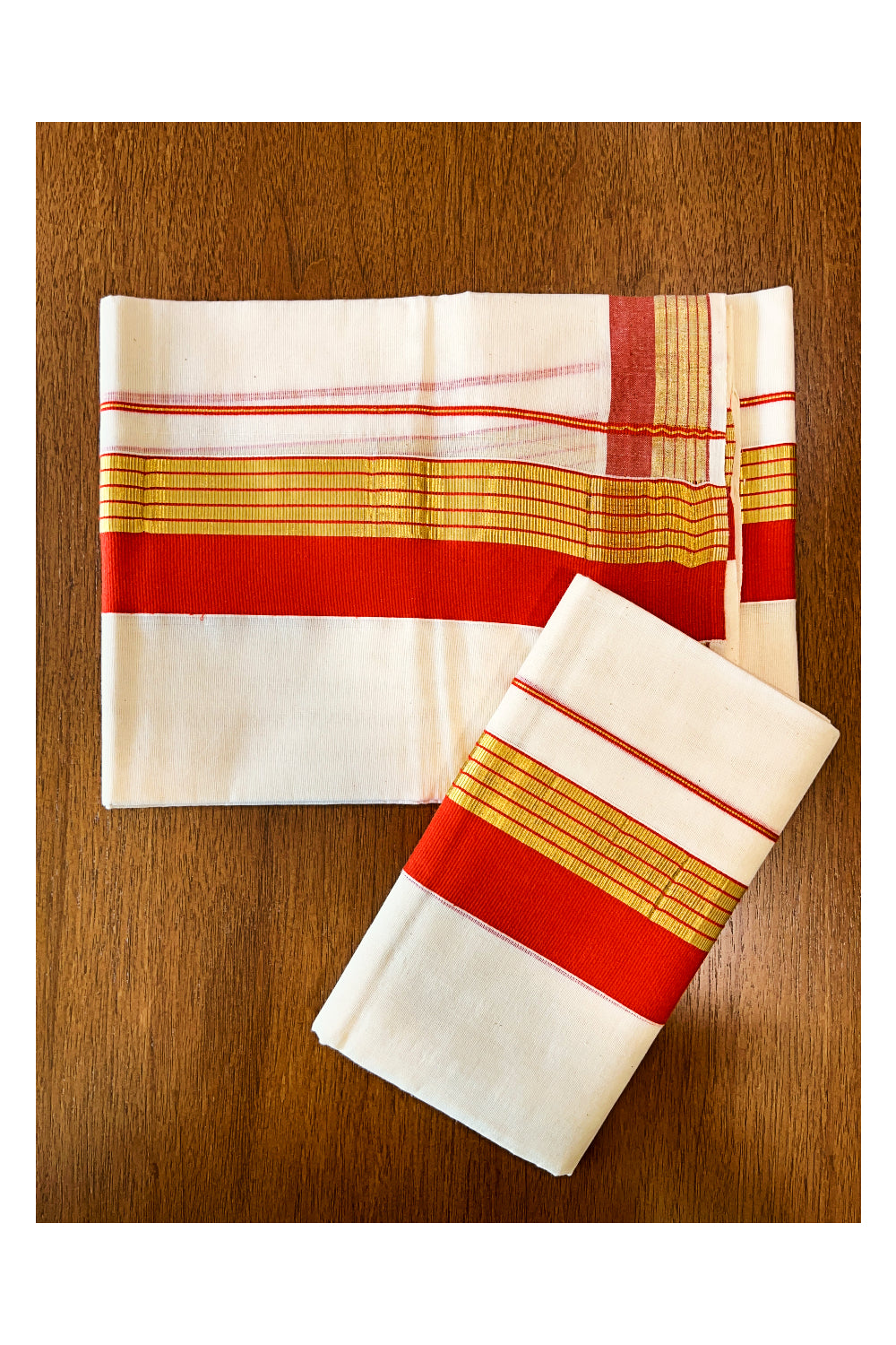 Kerala Cotton Set Mundu (Mundum Neriyathum) with Orange and Kasavu Border