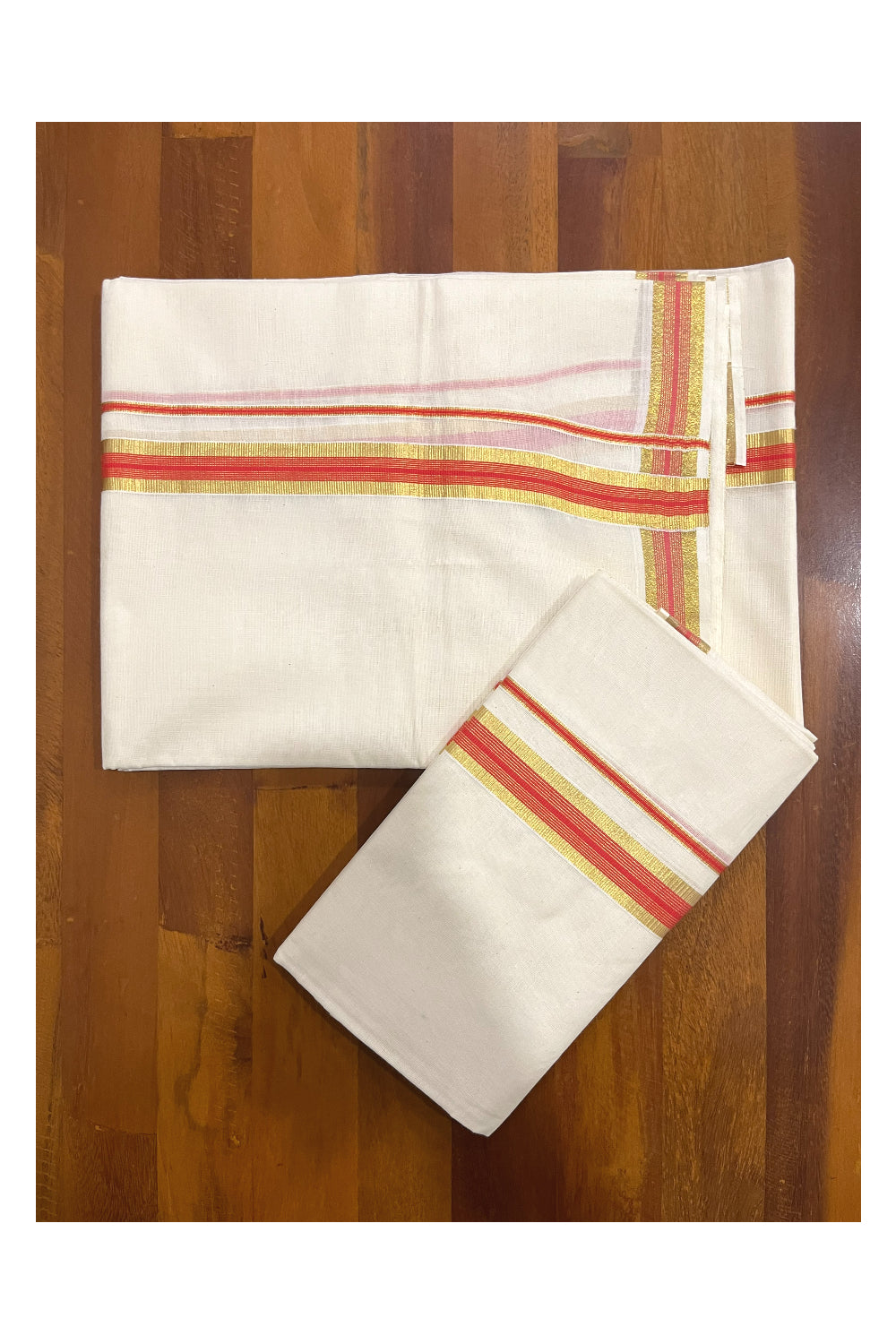 Pure Cotton Kerala Single Set Mundu (Mundum Neriyathum) with Orange and Kasavu Border 2.80 Mtrs