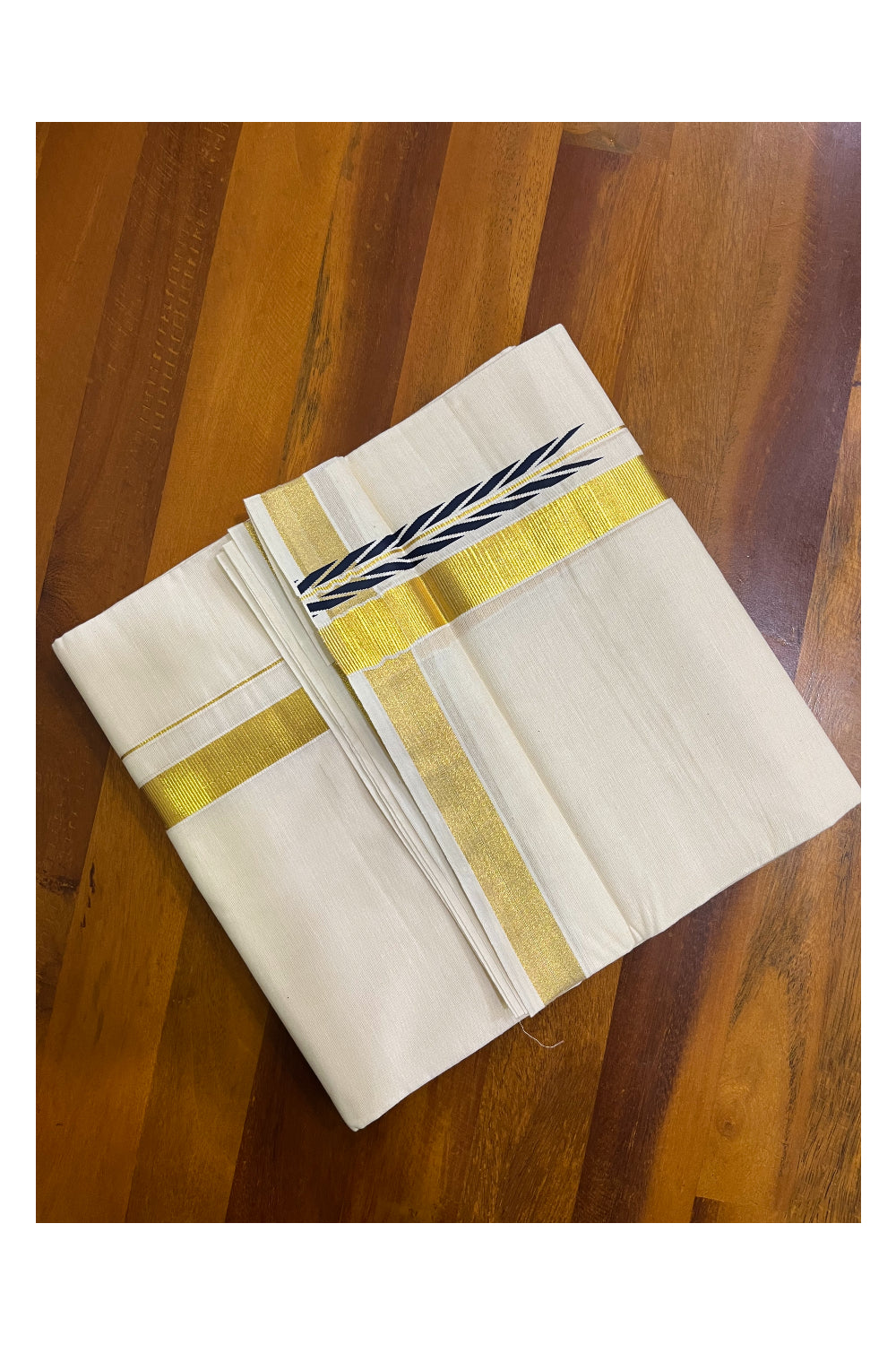 Kerala Pure Cotton Double Mundu with Blue Chutti Printed Designs on Kasavu Border (South Indian Kerala Dhoti)