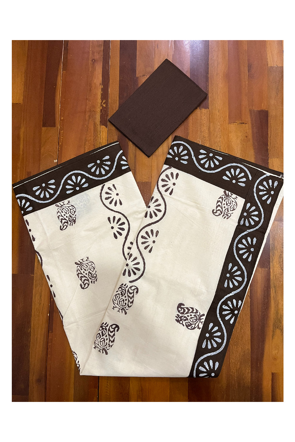 Pure Cotton Onam 2023 Kerala Saree with Hand Block Dark Brown Batik Prints