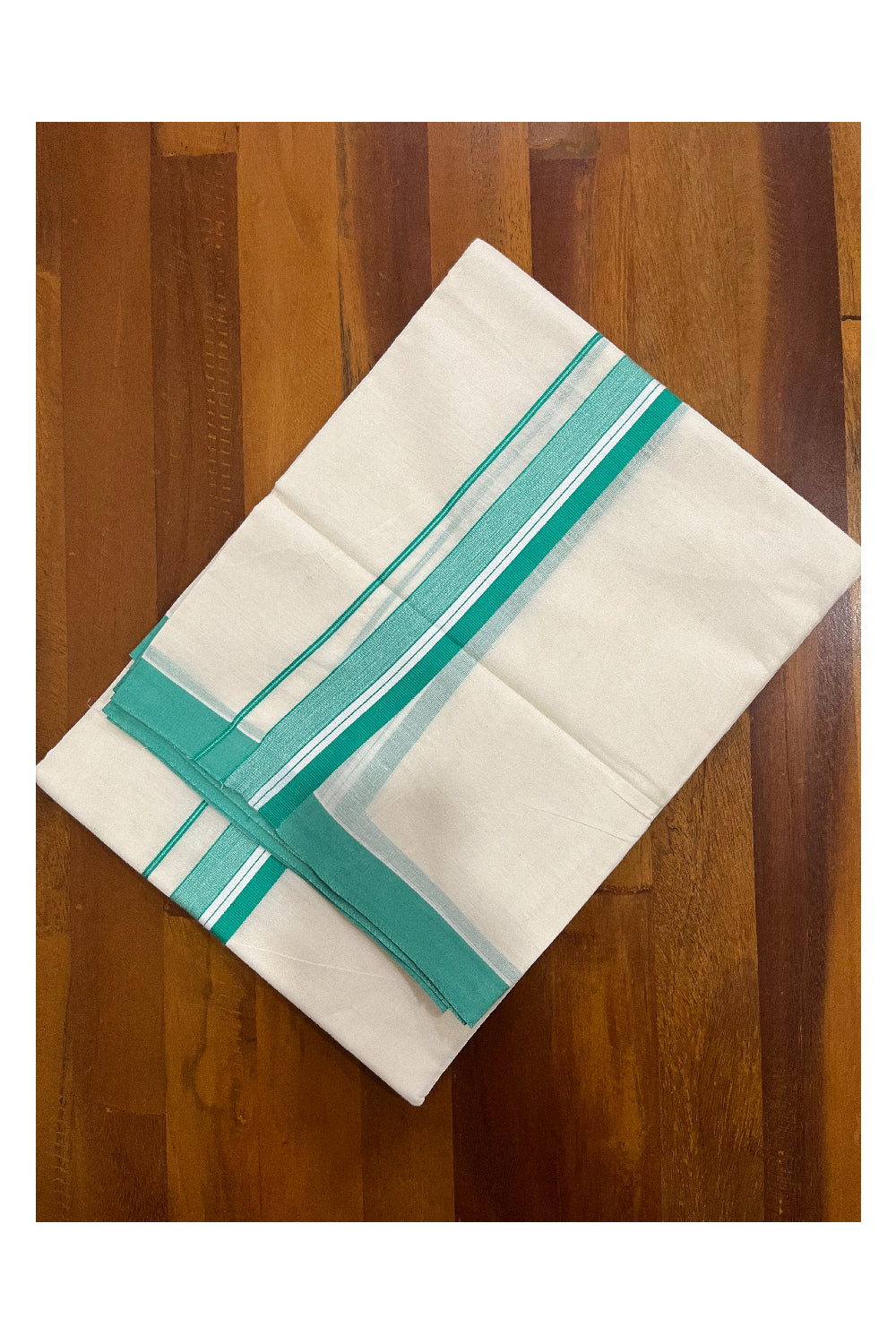 Pure Cotton Kerala Double Mundu with Turquoise Kara (South Indian Kerala Dhoti)