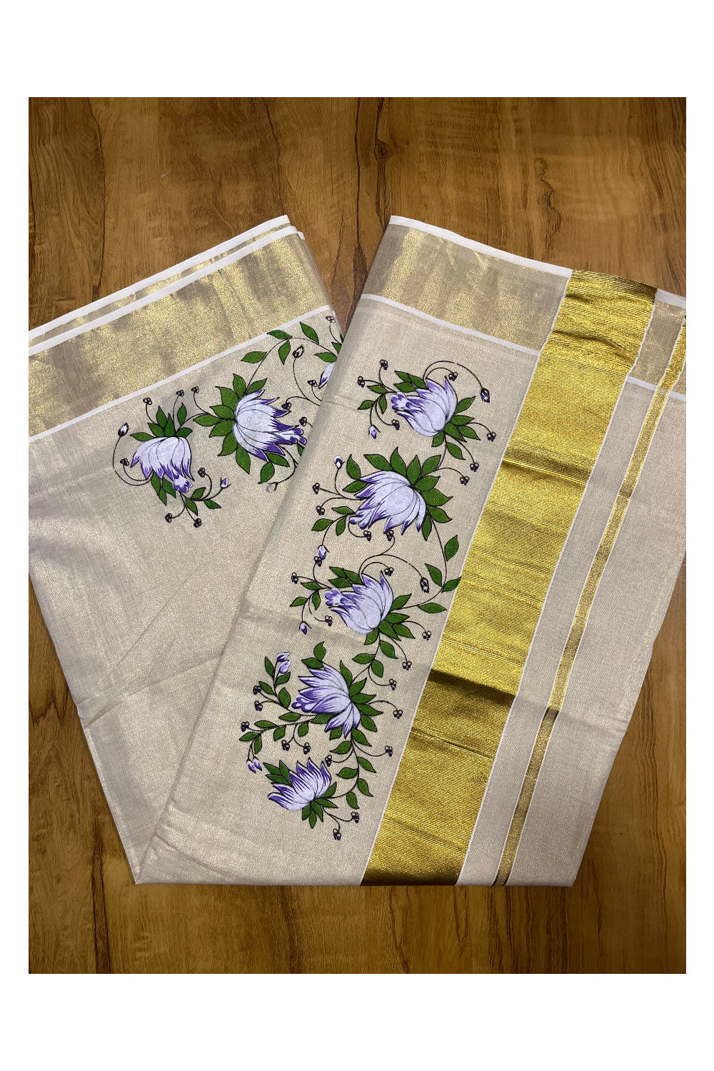 Kerala Tissue Kasavu Saree with Violet Floral Block Printed Designs (Onam 2024 Collection)