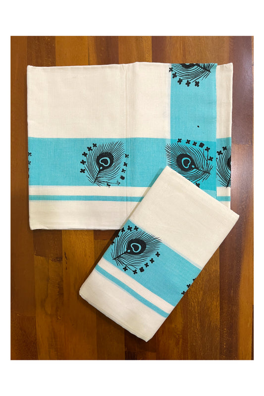 Kerala Pure Cotton Set Mundu (Mundum Neriyathum) with Block Printed Blue Border 2.80 Mtrs