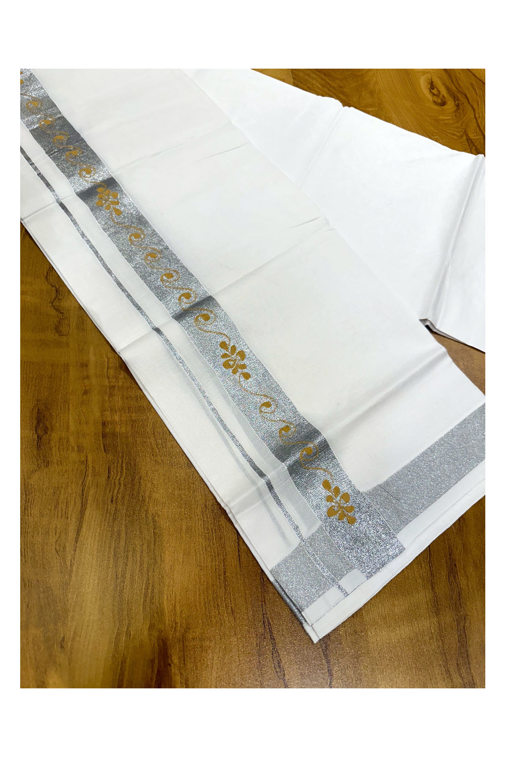 Pure White Cotton Double Mundu with Yellow Prints on Silver Kasavu Border (South Indian Kerala Dhoti)