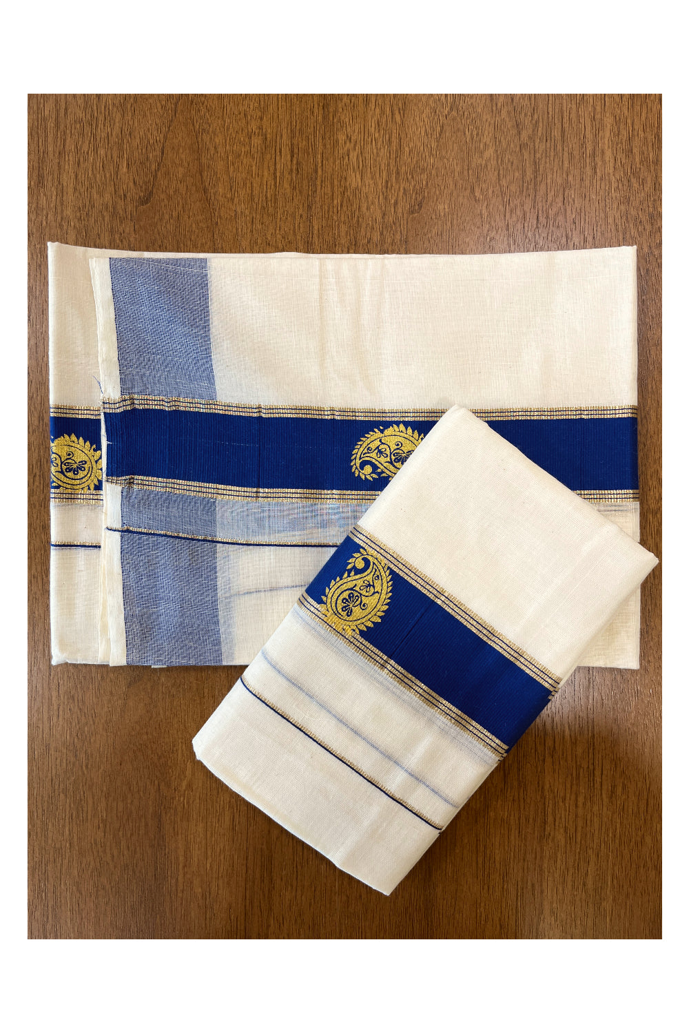 Cotton Single Set Mundu (Mundu Neriyathum) with Golden Block Prints on Blue Border